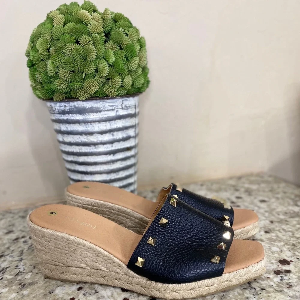 Maypol Black Pebbled Leather Studded Espadrille Wedge Sandals Made in Spain 39 8